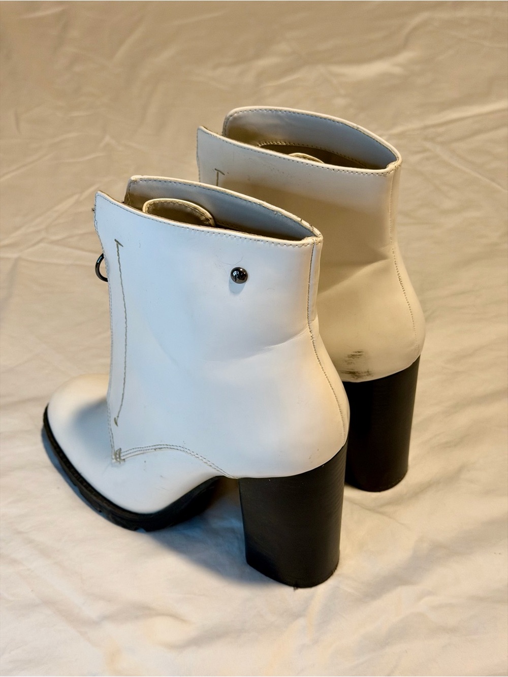 White Front Zip Block Heel Ankle Boots - Picture 2 of 7
